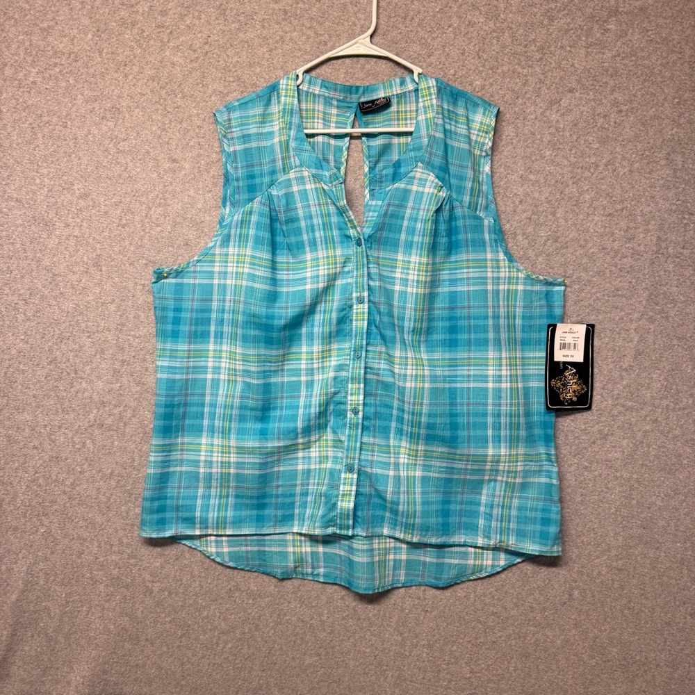 Jane Ashley Shirt Womens 3X Blue Plaid Sleeveless Button Front Blouse Top NEW